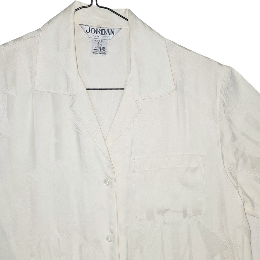 90s Vintage Women Ivory‎ 100% Silk Short Sleeve Jacquard Shirt 5/6 Cottagecore